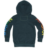 Dark hoodie with colorful text on sleeves against a white background