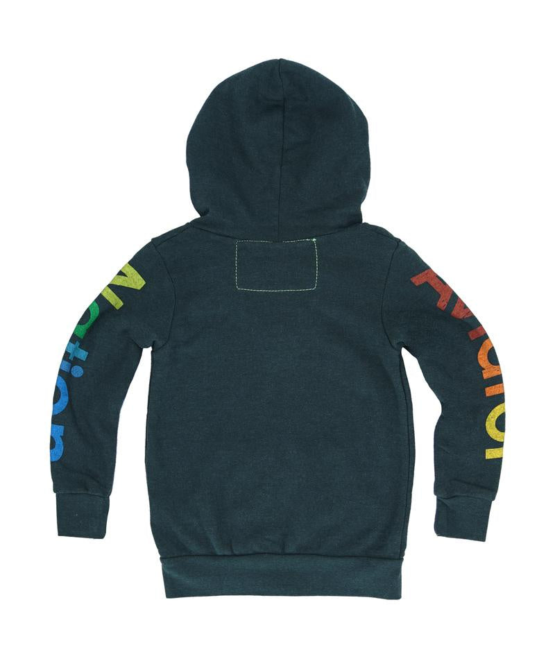 Dark hoodie with colorful text on sleeves against a white background