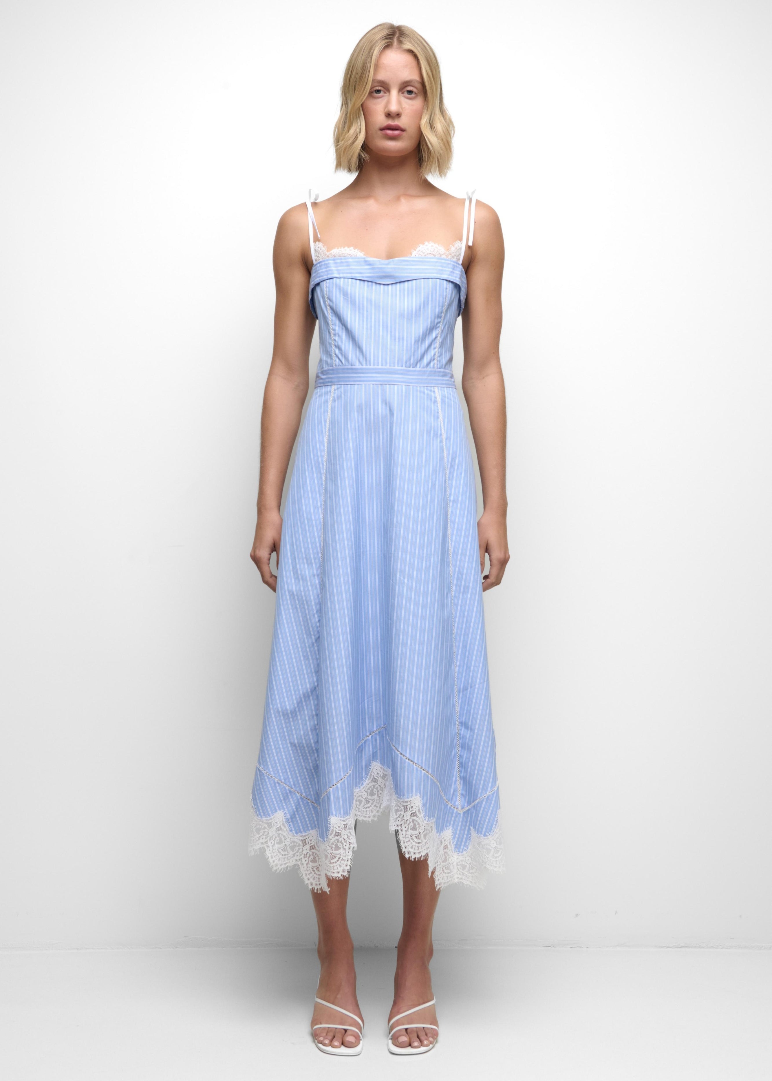 Simkhai - AVALEIGH COTTON LACE MIDI DRESS - OXFORD BLUE STRIPE - 0 Simkhai - AVALEIGH COTTON LACE MIDI DRESS - OXFORD BLUE STRIPE - 0