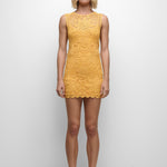 Woman wearing a yellow lace dress on a white background