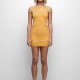 Woman wearing a yellow lace dress on a white background