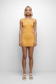 Woman wearing a yellow lace dress on a white background