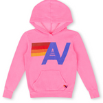 Kids Pink hoodie with colorful logo on a white background
