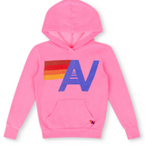 Kids Pink hoodie with colorful logo on a white background