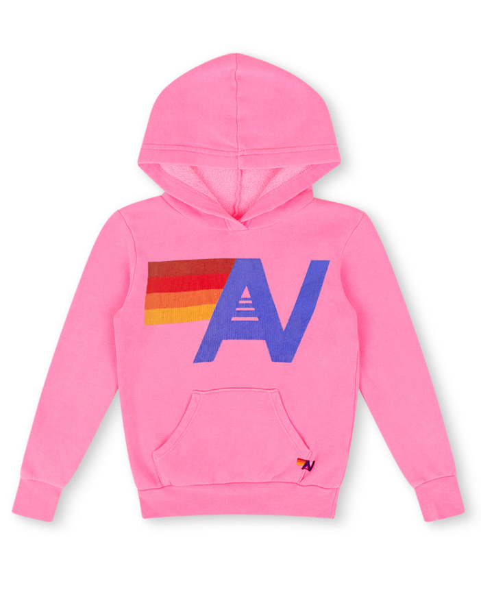 Kids Pink hoodie with colorful logo on a white background