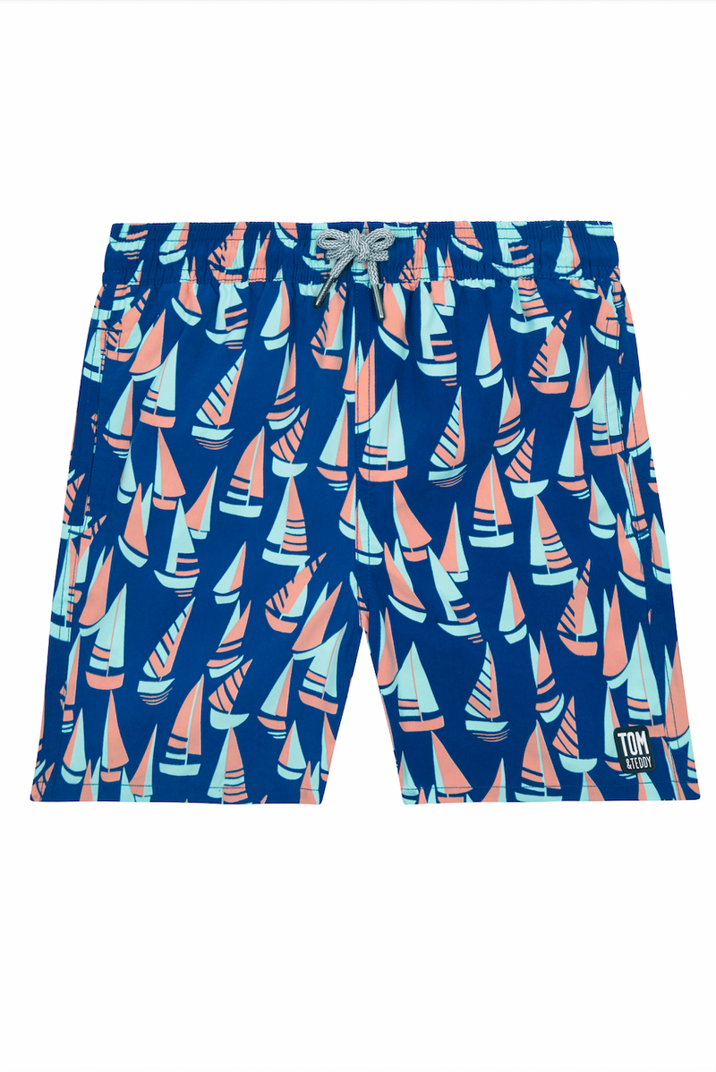 Tom & Teddy - Boys' Marine Boats Swim Trunks - Blue/Coral