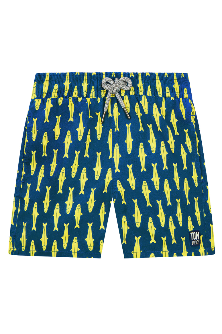 Tom & Teddy - Boys' Sardines Swim Trunks - Navy & Yellow