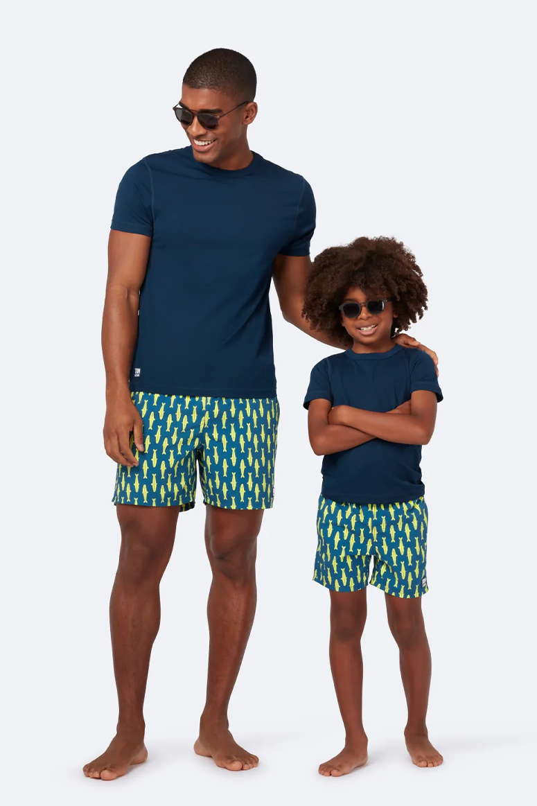 Father and Son Matching Swim Shorts Set, Navy & Aqua Whales